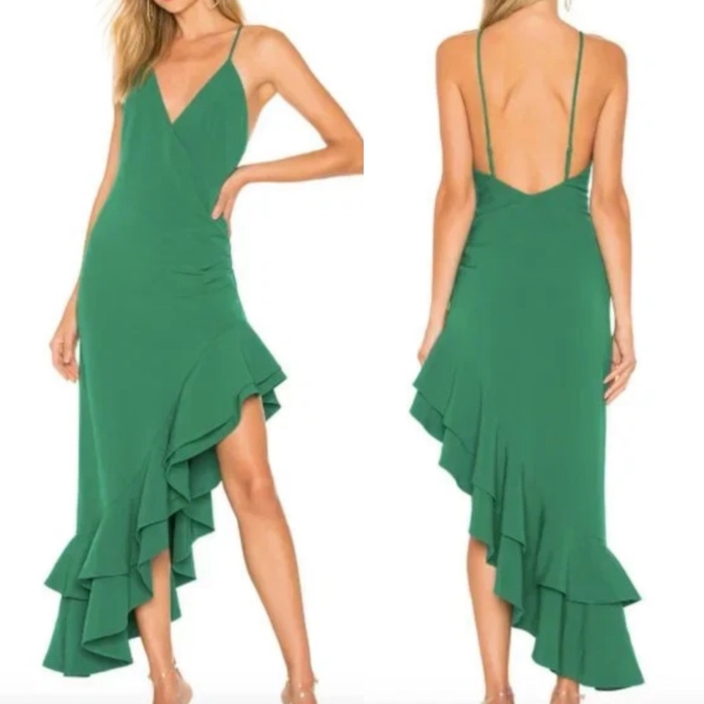 Lovers + Friends Evergreen Ruffle Wrap V Neck Asymmetrical Midi Dress Green NEW